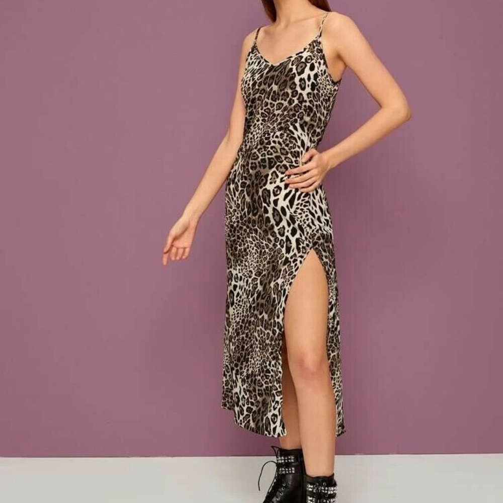 Split Thigh Leopard Cami Dress Small Size